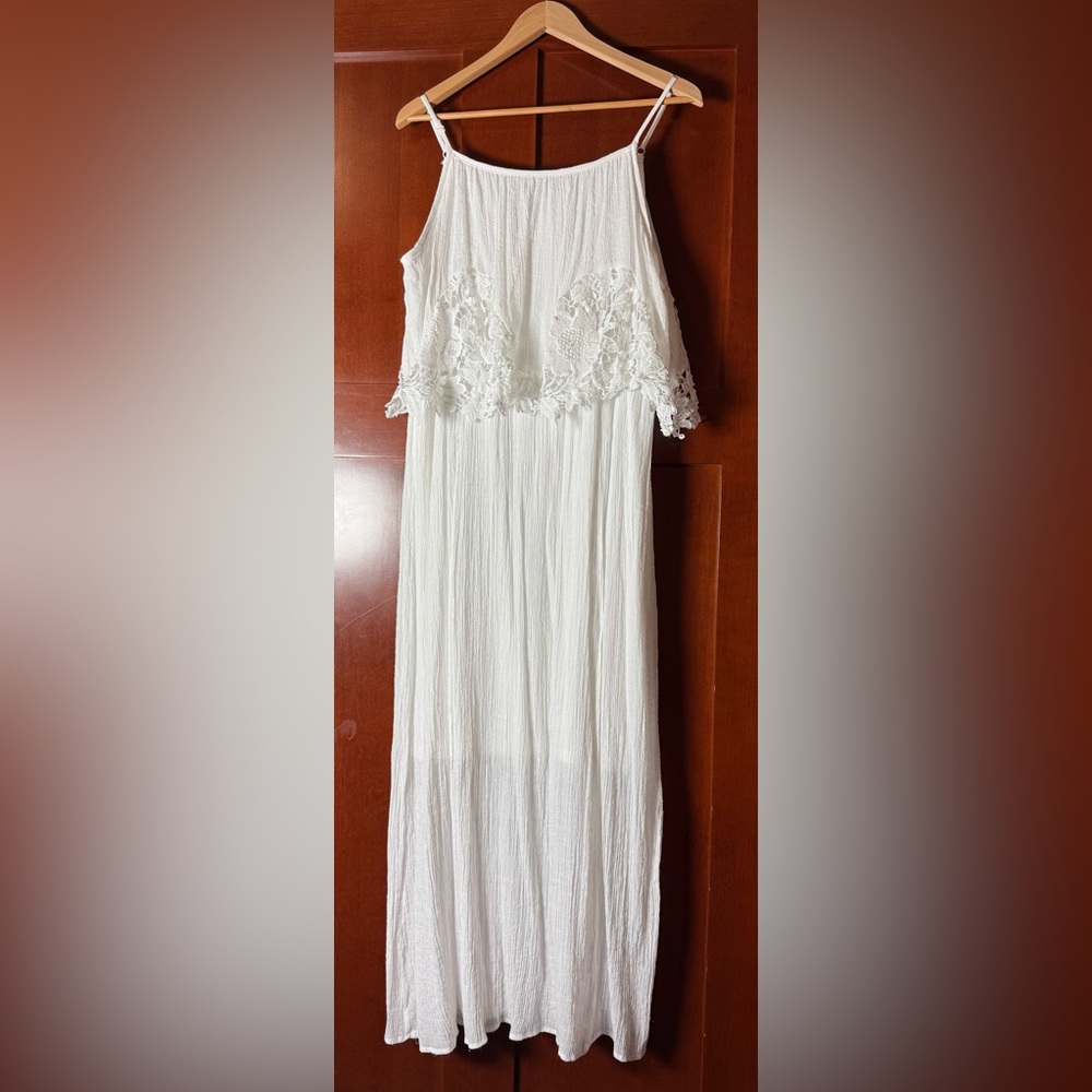 J Gee White Gauze Maxi Dress with Lace Overlay Size XL